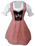 Di04 Mini Dirndl, 3 teiliges Trachtenkleid in rot weiß, Kleid mit Bluse und schwarzer Schürze, Rocklänge 47-56 cm, Gr. 50 - 