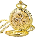 Taschenuhr Antique Double Hunter Handaufzug Gold römische Ziffern mit Kette hohlen Sibosun + Geschenk cadeau