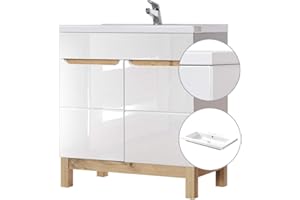 Lomadox Badmöbel Waschtisch Set, 80cm Unterschrank Hochglanz weiß & Wotaneiche, 81cm Keramik-Waschbecken, B x H x T ca. 81 x 85 x 46cm