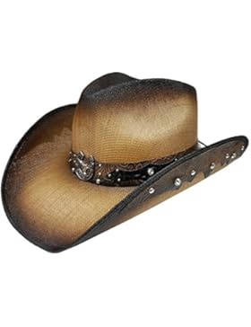 Modestone Straw Cappello Cowboy Longhorn Bull Horseshoe Rhinestones Appliques Brown