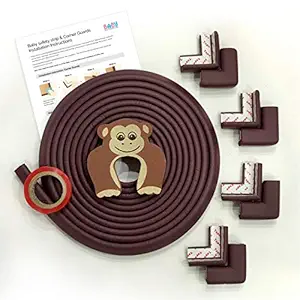 BabySafeHouse Edge Guard and Corner Protector ? Extra Long 19ft (16.5ft Edge + 8 Pre-Taped Corner Guards) and Monkey Shape Door Stopper (Brown Color) for Baby Proofing & Child Safety