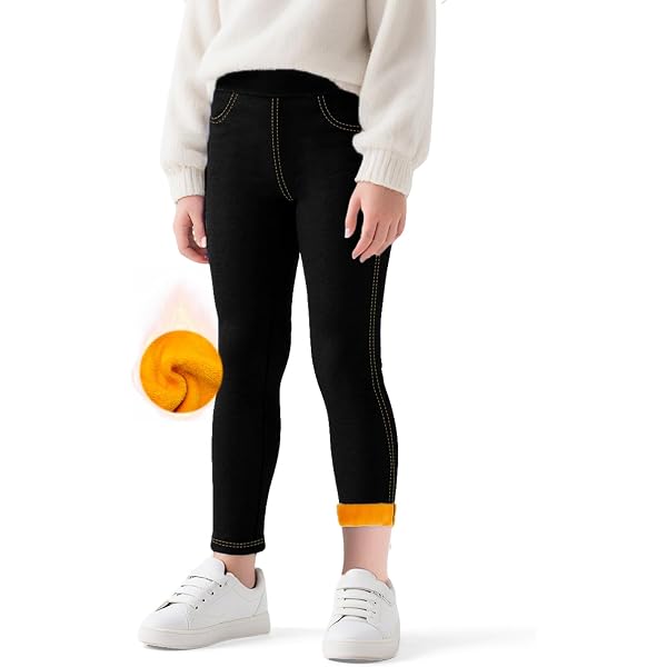 KEREDA Lot de 2 leggings thermiques pour fille - Pantalon évasé - Pantalon thermique doublé - Chaud - Avec polaire, Noir , 122-128