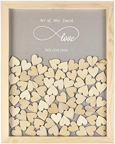 YS2016 Personalised Engraved Infinity Love Rustic Drop Top Wooden Frame Wedding Guest Book With 130 Small Wood Hearts (Pearl Silver)