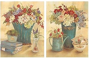 DCINE Cuadro de Flores Rojas Fondo Crema. Set de 2 Cuadros de 19 cm x 25 cm x 4 mm unid. Adhesivo FÁCIL COLGADO. Adorno Decorativo. Decoración Pared hogar