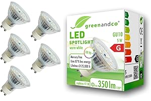 ‎GREENANDCO 5x greenandco® CRI90+ 3000K 110° reflektor LED zastępuje 41 watowy reflektor halogenowy GU10, 5W 350 lumenów ciepła biel 230V AC, nie migocze, nie ściemnia się