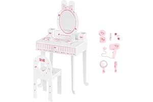 Bonnlo Schminktisch mit Hocker und Abnehmbarer Spiegel, Kindertisch mit Schublade für Mädchen ab 3 Jahren, Hasen-Design Rosa