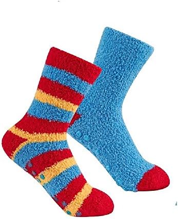 2 Pairs Boys Cosy Bed Slipper Socks Childrens Striped Nightwear (12.5-3.5 (child), Reds)