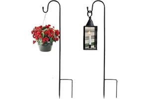 Alytimes 2 Pcs Shepherd's Crooks, Height Adjustable Festoon Pole, 80.5 CM/31.6 in Garden Lantern Shepherd's Hook with Base for Hanging Basket Stand, Patio, 4 Sections Stitched (Black)