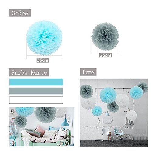 Feelshion 9er Seidenpapier Pompoms für Geburtstagsparty Babyshower Babyparty kommunion als Deko Weiß Grau Hellblau (ø35cm & ø25cm)
