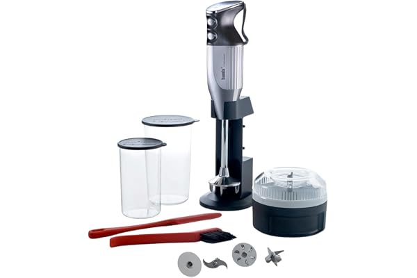 bamix Set mixeur plongeant M350 MAXX avec support, 2 récipients, 4 accessoires, Processeur, Spatule, Brosse de nettoyage, 300 W, Fabriqué en Suisse, Revêtement argenté/chrome