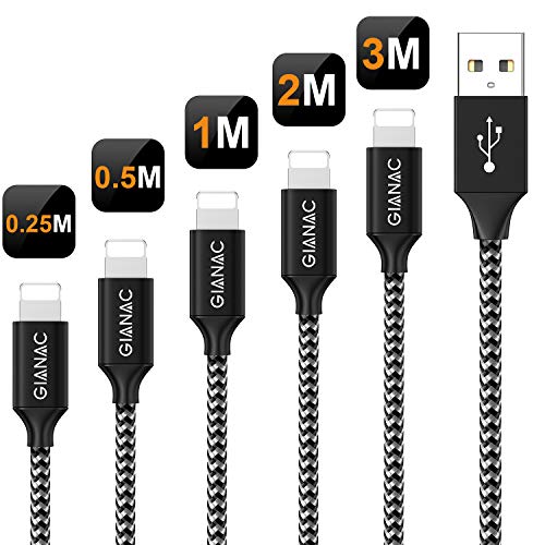 QGhappy Cable Cargador Phone, [5Pack/0.25M 0.5M 1M 2M 3M] Nylon Trenzado Duradero Cable de Carga Rápida Compatible con Phone 11/11Pro/11Pro MAX/X/XS MAX/XR/8/8 plus/7/7 plus/6s/6s plus/6/6 plus/SE/5s