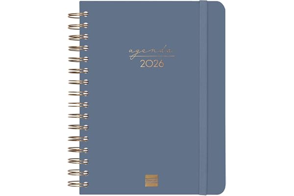 Finocam – Agenda Spirale 2026 1 Jour par page | Janvier – Décembre (12 mois) | Agenda annuel 2026 avec élastique | Double spirale Couverture rigide Alma – Bleu – International