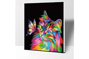 Elftoyer Paint by Numbers for Kids & Adults & Beginner, DIY Canvas Painting Gift Kits for Home Decoration - Colorful Cats and Butterflies 12 x 16 inch (Wooden Frame)