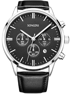 SONGDU Herren Fashion Multifunktions-Quarz Watch Legierung Watch Fall Schwarz Pin Schnalle Lederband weiß Zifferblatt...