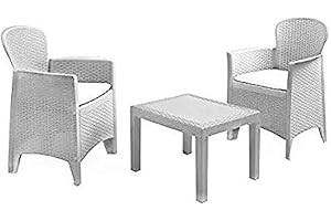 DMORA KG KITGARDEN - Conjunto de Jardín Exterior, 2 sillones y 1 Mesa Auxiliar, Blanco Imitación Ratán, Set Akita