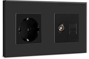 BSEED Enchufe de Pared con 1/2 PC+ TV,Antena de TV Coaxial y Ethernet RJ45 Cat5e,Schuko Enchufe con Panel de Cristal,Negro Toma de Corriente,Enchufes de Extensión para Cocina, Dormitorio