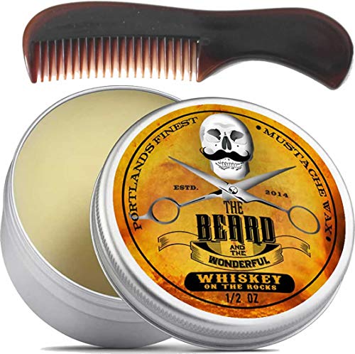 Moustache and Beard Wax 15ml - Pocket Sized Comb - Promotes Facial Hair Growth - Ideal Beard Styling for Men with Natural Ingredients, Strong Hold, & Whiskey on the Rocks Scent Wax