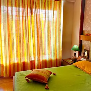 RANGBHAR Handloom Cotton Curtains for Doors and Windows with Eyelets, Striped, Yellow, 4 x 7 FT, Pack of 2