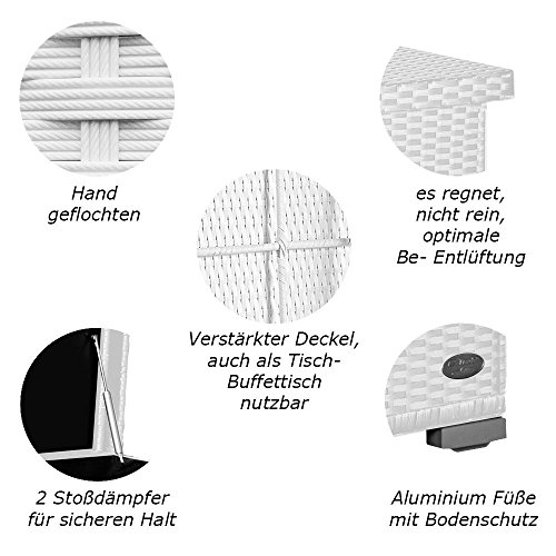 PREMIUM „Venezia“ 950 L XXL Kissenbox (es regnet nicht rein) L 146 cm x B 83 cm x H 80 cm ideal als Buffet Tisch nutzbar mit 2 x Gasdruckstoßdämpfer und eingebauter Tischplatte Farbe: Weiss - 3