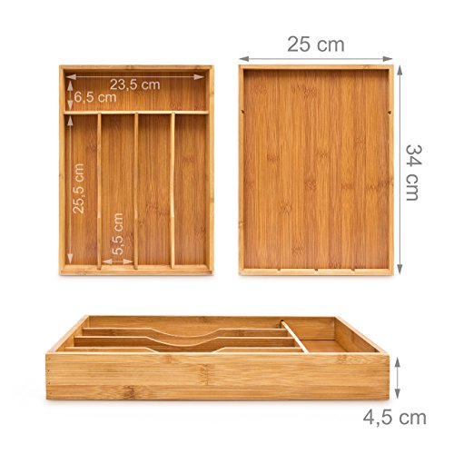 Relaxdays Besteckkasten aus Bambus HxBxT: ca. 4,5 x 25,5 x 34 cm Besteckeinlage aus Holz mit 5 Fächern als Schubladenorganizer und Besteckeinsatz Besteckeinteiler für die Schublade Besteckbox, natur - 3