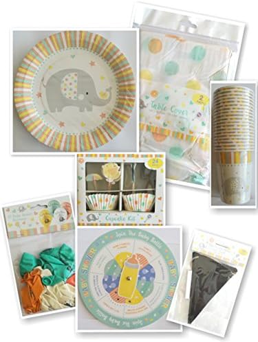 Baby shower unisex preparation set- paper plates, paper cups, a cupcake pots with lovely sticks, balloons, photo booth masks, a banner with chalks, and game