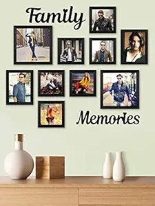 Swadesi Stuff Wooden Wall Hanging FAMILY & MEMORIES Photo Frame Collage - Black, Set of 10