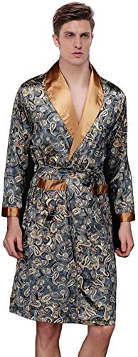 Waymoda Men's Luxury Silky Satin Evening Dressing Gown, Male Classic Elegant Paisley Pattern Kimono Wrap Robe, Dark Blue Colors, 3 Sizes Optional - Long style