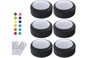 WUYOR Wireless Under Cabinet Lights with Remote, 16 Colors LED Under Cupboard Lights, Stick on Wardrobe Lights Under Counter Lights Remote Control, RGB Puck Lights, 6 Pack - Black