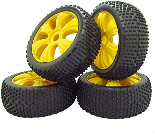 Black and Yellow RC 1/8 scale off-road Buggy Car Plastic Wheel Rims&amp;Rubber 6 spokes Tires Pack of 4