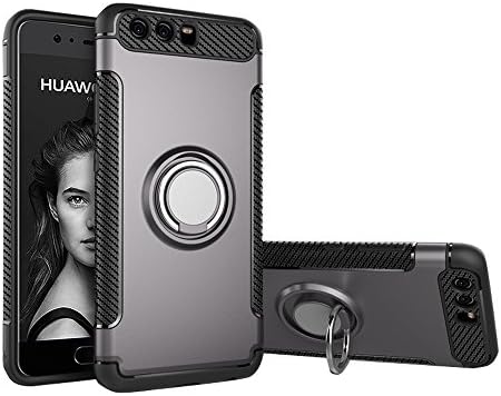 COOLKE Dual Layer Shockproof TPU Silicone + PC Hard Back shell 360 Rotating Ring Grip Holder Kickstand with Back Magnetic Circle Protective Case Cover for huawei p10 plus - Gray