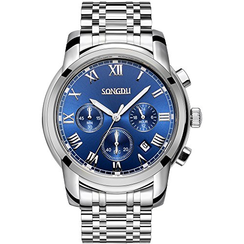 SONGDU Herren Einzigartige Quarz Unisex Armbanduhr Silber Edelstahl Band Analog, Chronograph Classic Design Kalender Datum Fenster - Leuchtend Blaues Zifferblatt SONGDU Herren Einzigartige Quarz Unisex Armbanduhr Silber Edelstahl Band Analog, Chronograph Classic Design Kalender Datum Fenster - Leuchtend Blaues Zifferblatt