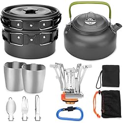 Odoland Multi-PCS Kit de Casseroles Camping Poêlé en Aluminium Durable et Compact Camping Ustensiles complets avec Réchaud de Camping ultraléger (12 pièces avec Réchaud et 2 Tasses)
