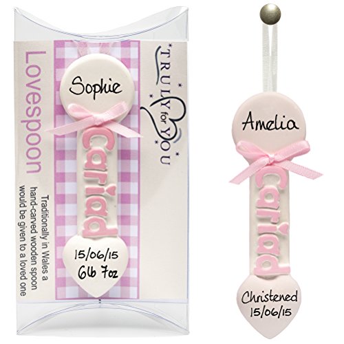 CARIAD - Christening Spoon, Personalised, Newborn Baby Girl presents, Small Welsh Lovespoon, Baptism Gift in Pink by Truly for You