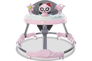 FK SPORTS Multifunctional Foldable Baby Walker with 6 Adjustable Heights, Activity Center, Portable Music, Toys, Food Tray & Silent Wheels - Baby Walker for Boys & Girls 6 Months + - Easy Fold (Pink)