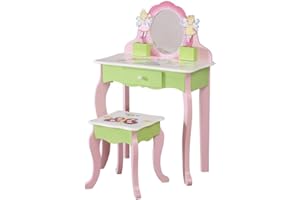 WODENY Children's Vanity Table Set | Girls Dressing Table with Mirror and Stool | Child Dresser Table Wooden | Kids Vanity Table with Mirror and Stool, Fashion Makeup Vanity Set with Drawer