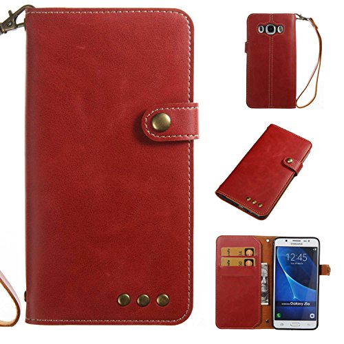 Galaxy J5 2016 Case, CONBER Simple Style Case with [Free Tempered Glass Screen Protector][Card Holder][Hand Strap], Premium Leather Wallet Flip Case with Stand Cover for Samsung Galaxy J5 2016-(Red)