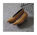 Toe Shape:Pointed Toe 2019 Pop Star Pointed Toe Girl Thin Heel Woman Shoes Deep V Design Lady Fashion Shoes Elegant European Women Shoes C264 Light Brown Matte 38