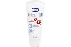 Chicco Dentifricio Bambini alla Fragola Delicato sui Dentini, Bassa Abrasività, con Fluoro e Xilitolo, Senza Conservanti, Contrasta la Formazione delle Carie e Rimuove la Placca - 50 ml, 1+ Anni