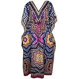 Indiatrendzs Women Kaftan Dress Light Viscose Printed Blue Kimono Maxi Nighty (Chest 56)