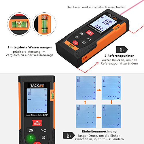 Tacklife HD 60 Klassischer Laser-Entfernungsmesser Distanzmessgerät(Messbreich 0,05~60m/±2mm mit 2 Level Blasen Messeinheit m / in / ft mit Hintergrundbeleuchtung ) Ein Ideales Geschenk für Vatertag - 3