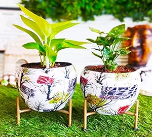 Exotic Green Floral Tree Combo Designer Pot with Stand for Indoor Plants | Beautiful Metal Planters for Living Room and Balcony | Table Top Flower Plant Pots - Floral Design I (2 Pcs Combo)