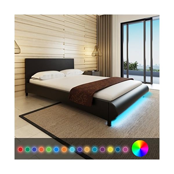 Anself 4FT6 Artificial Leather Double Bed Frame LED Bed Black