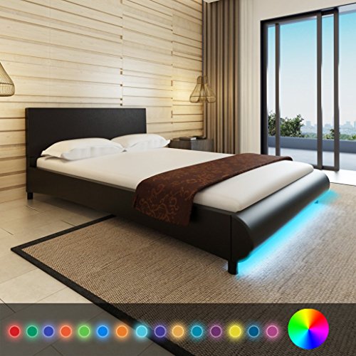 Anself 4FT6 Artificial Leather Double Bed Frame LED Bed Black