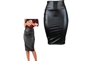 SAMHENG Women's PU High Waist Bodycon Pencil Midi Skirt - Black Faux Leather Wrap Office Skirt for Work & Casual Occasions