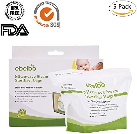 Ebelbo 5 Pack Micro Steam Bags Micro Steam Sterilizer Bags Quick Clean Durable Steam Bags for Baby Bottles, Soothers, Teethers &amp; Training Cups