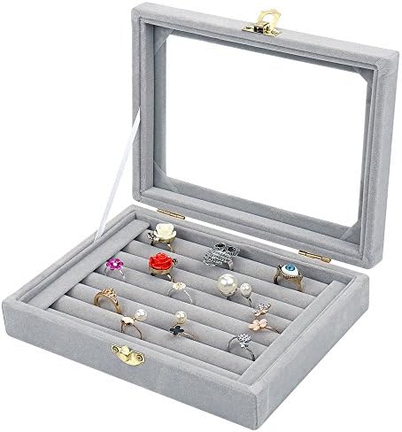 Lantwo Velvet Glass Jewelry Display Stand Storage Box Ring Earrings Jewelry Box Ring Holder Case
