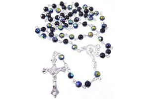 R. Heaven Iridescent long black glass rosary beads silver metal crucifix faceted beads