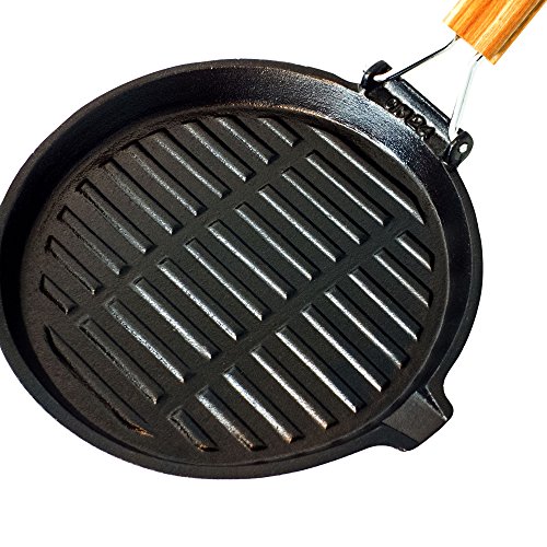 Big-BBQ Grill- und Steakpfanne aus Gusseisen | 22 cm mit festem oder klappbaren Holzgriff | Grillpfanne mit geriffeltem Boden oder als Bratpfanne mit glattem Boden und hohen Rand | fertig eingebrannt und sofort einsatzbereit | Ausführung: #4 Rund mit Klappgriff - 4