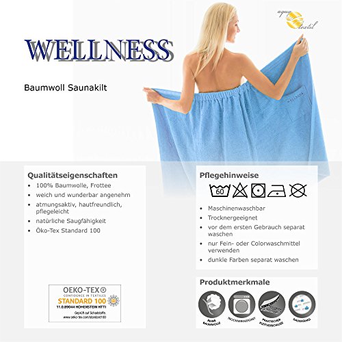 Saunakilt für Damen 90 x 150 cm Frottee Baumwolle langer Schnitt, hell-blau, mit Stickerei „Wellness“ | aqua-textil 0010402 - 6