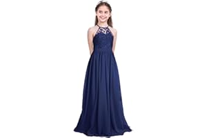 IEFIEL Enfant Filles Robe De Mariage Princesse Dentelle Longue Robe De Soirée Cocktail sans Manches Robe Bustier Baptême Demoiselle Honneur Fête Taille Haute 4-16 Ans